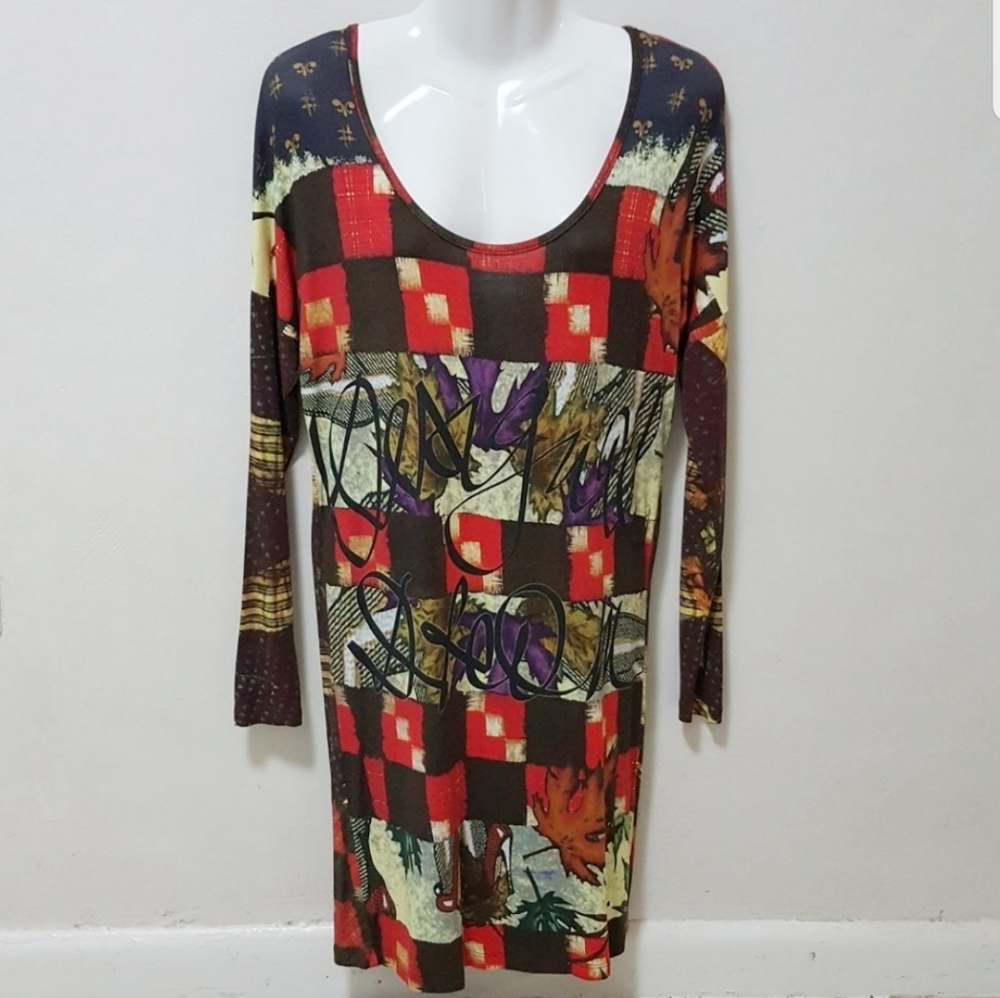 Desigual Dress Tunic Checkers Maple Leaves Long Sleeve Wearable Art Scoop Fall S